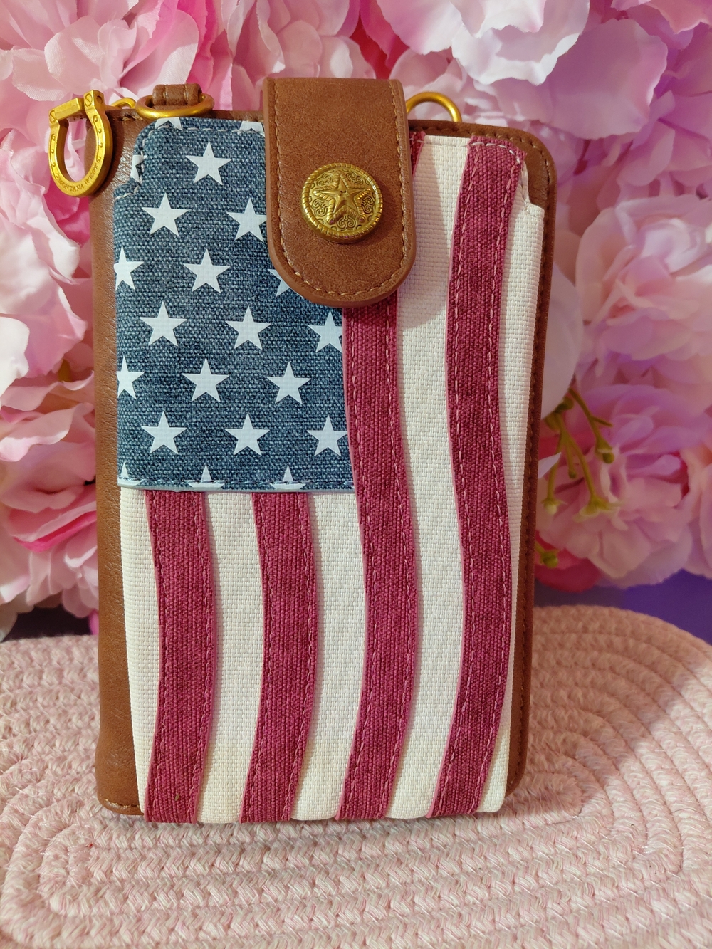 Montana West Red White Blue Flag Canvas Crossbody Wallet with Brown Trim